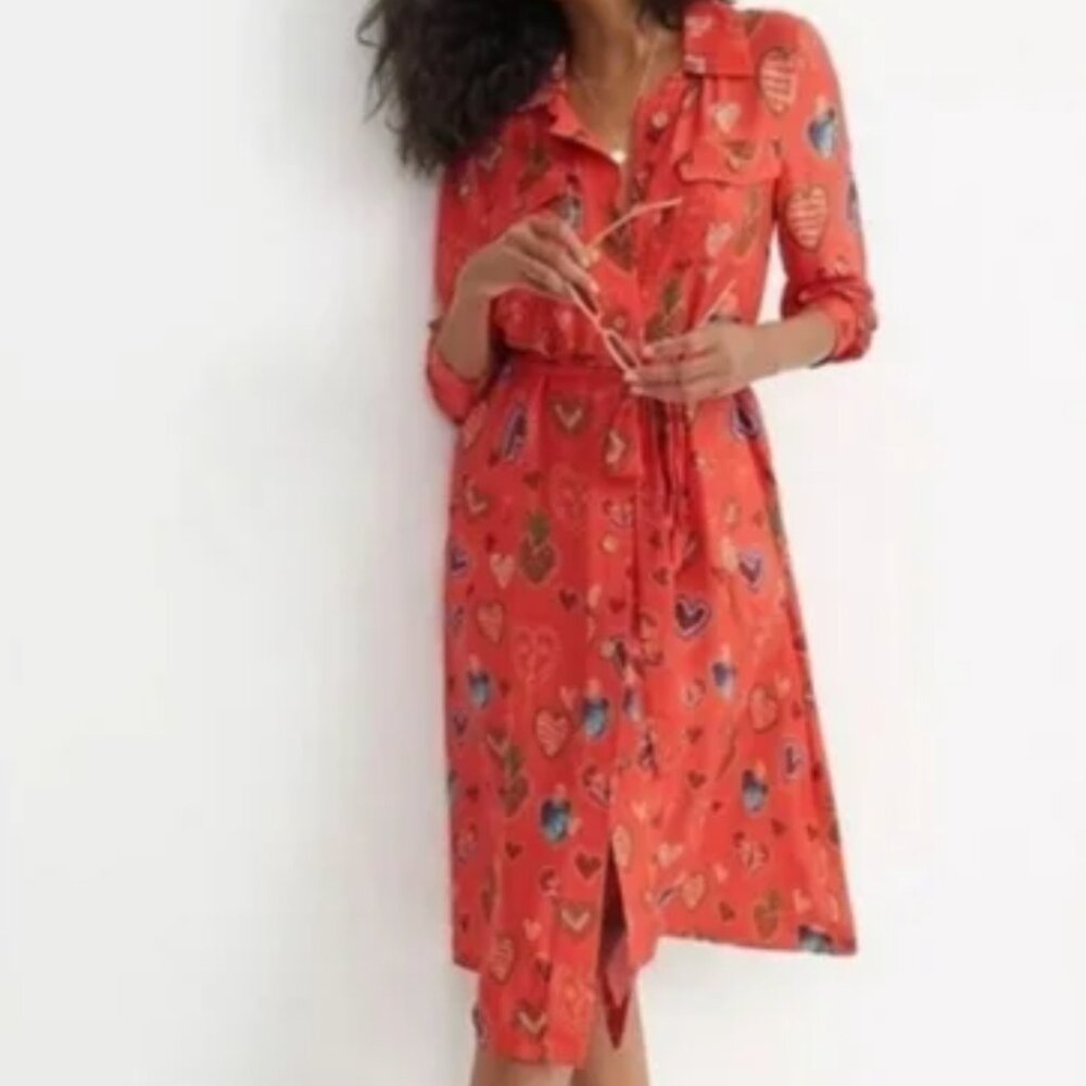 Anthropologie Farm Rio dress Heart print red MIDI Shirt dress Calixta